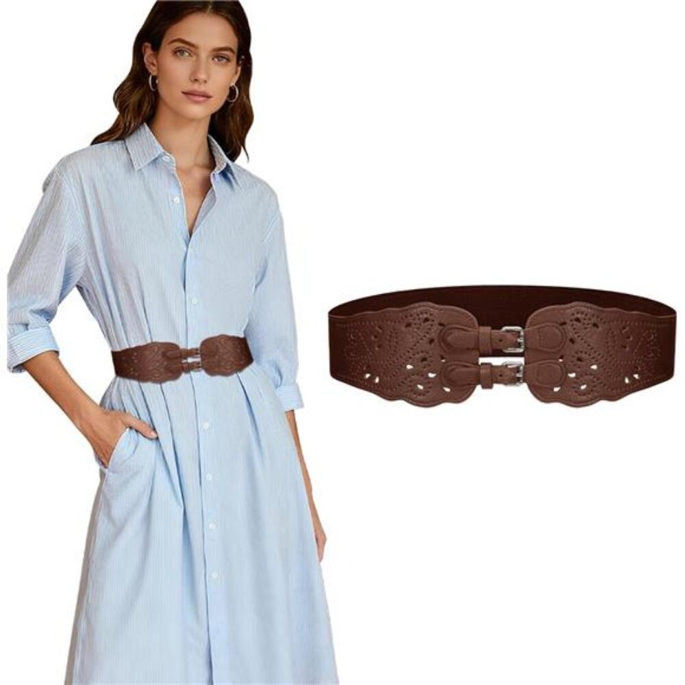 🌼Leather Elastic Wide Belt for Women | Retro Hollow Buckle Waist Cinch Belt 🌼